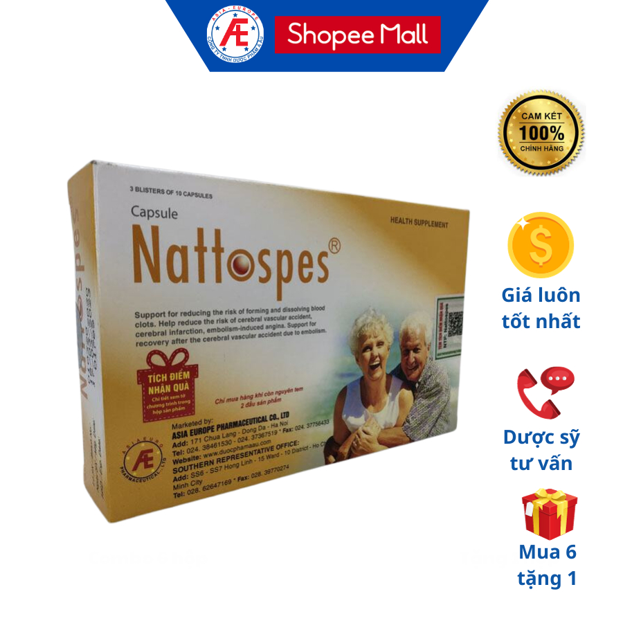 Nattospes hộp 30 viên giúp phòng ngừa đột quỵ, giúp phục hồi di chứng sau tai biến như liệt, méo miệng, nói ngọng