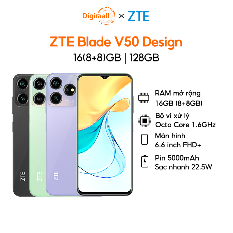 Điện Thoại ZTE Blade V50 Design | 18GB(8GB+10GB)/128GB | 6.6'' Full HD+ | Octa Core 1.6GHZ | 5000mAh 22.5W | Chính Hãng