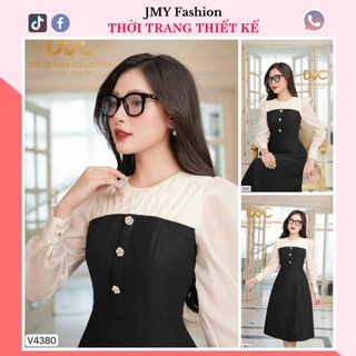 V4380 Váy đầm A xòe đen phối tay tơ trắng Váy đen trắng dài tay đính ngọc nữ tính