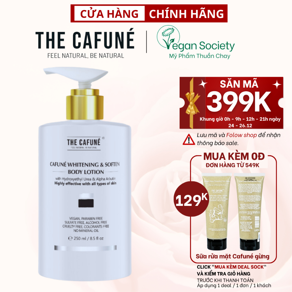 Kem Body Dưỡng Trắng Da The Cafuné kết cấu dạng lotion, thẩm thấu nhanh, không nhờn rít dưỡng thể 250gram Vegan society