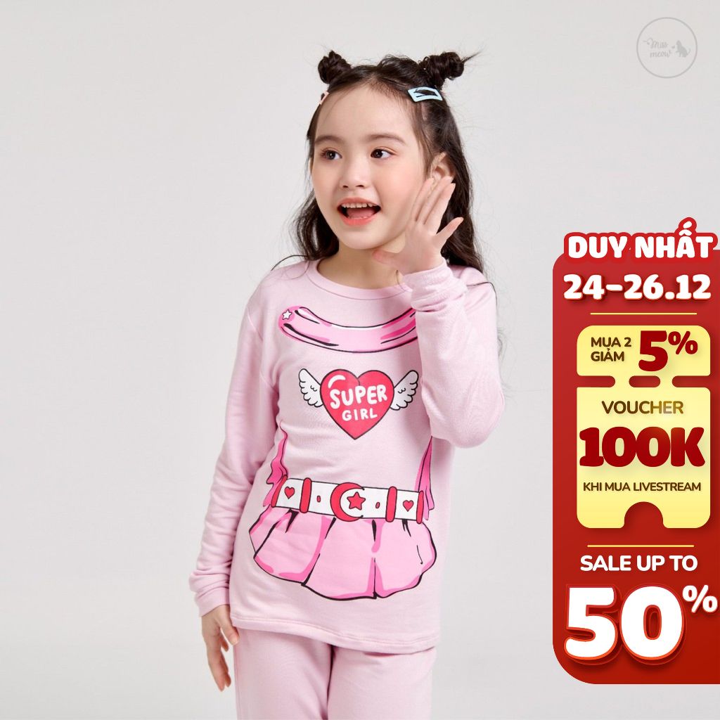 Bộ bé gái BIGFOX - MISS MEOW thu đông size đại, bộ dài tay cho bé in super girl 3-9 tuổi