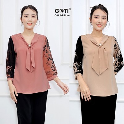GOTI - Áo Trung Niên Nữ Cao Cấp Cổ Sơ Mi Bigsize Tay Lỡ Nhiều Mẫu Dáng Dài Đính Hạt 3A33 3A26 3A33