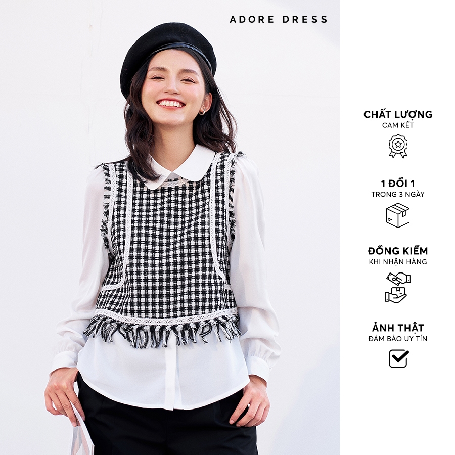 Áo tweed karo đen trắng phối giả gile 312TO1116 ADORE DRESS