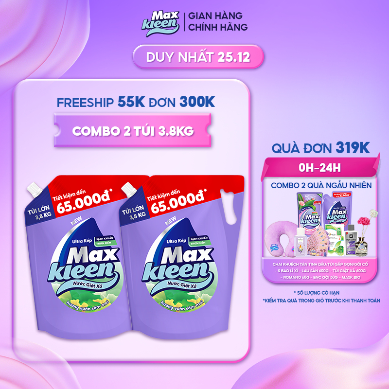 Combo 2 Túi Nước Giặt Xả Maxkleen Hương Vườn Sớm Mai 3.8kg