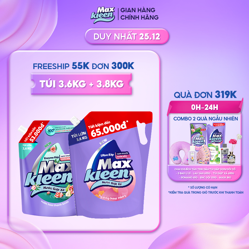 Combo 2 Túi nước giặt xả MaxKleen Thiên nhiên 3.6kg + Hoa nắng 3.8kg