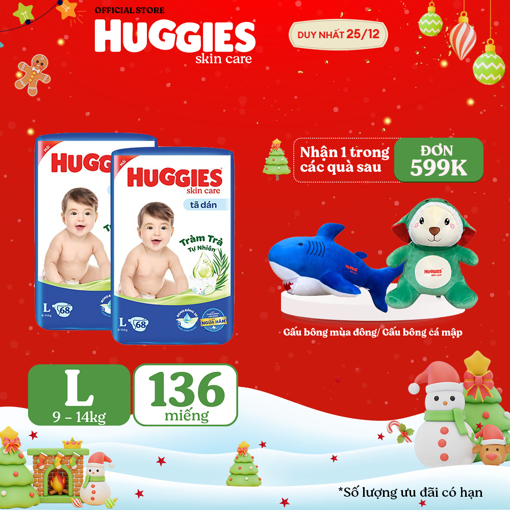 Combo 2 Tã dán Huggies Skincare Super Jumbo M76+6/ L68/ XL60/ XXL54