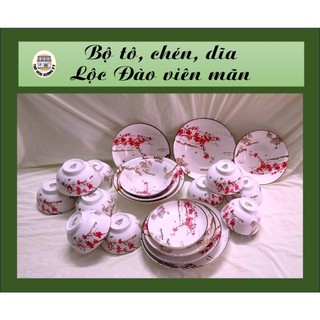 Bộ tô, chén, đĩa gốm sứ 4d họa tiết lộc đào viên mãn -