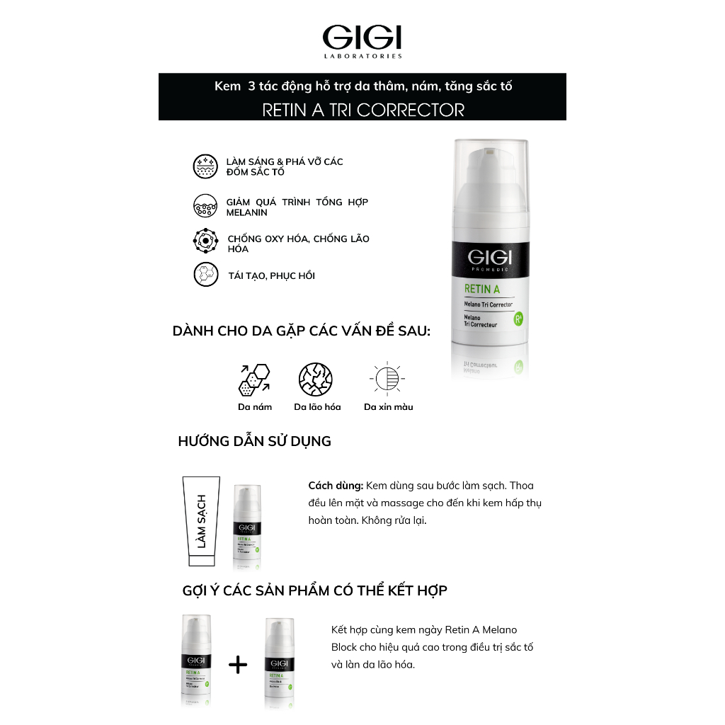 Kem mờ thâm nám và đều màu da GIGI LABORATORIES RETIN A MELANO TRI CORRECTOR 30ml