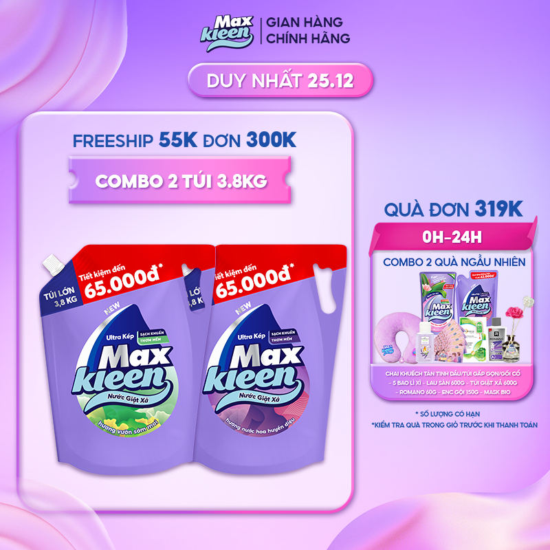 Combo 2 Túi nước giặt xả MaxKleen Sớm mai + Huyền diệu 3.8kg/túi