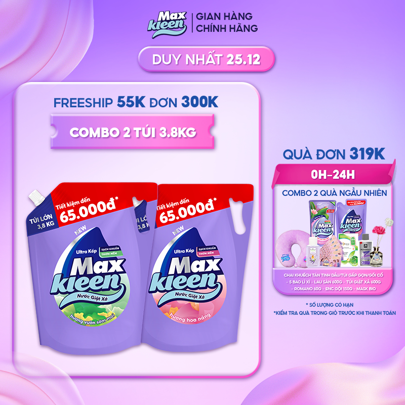 Combo 2 Túi nước giặt xả MaxKleen Sớm mai + Hoa nắng 3.8kg/túi