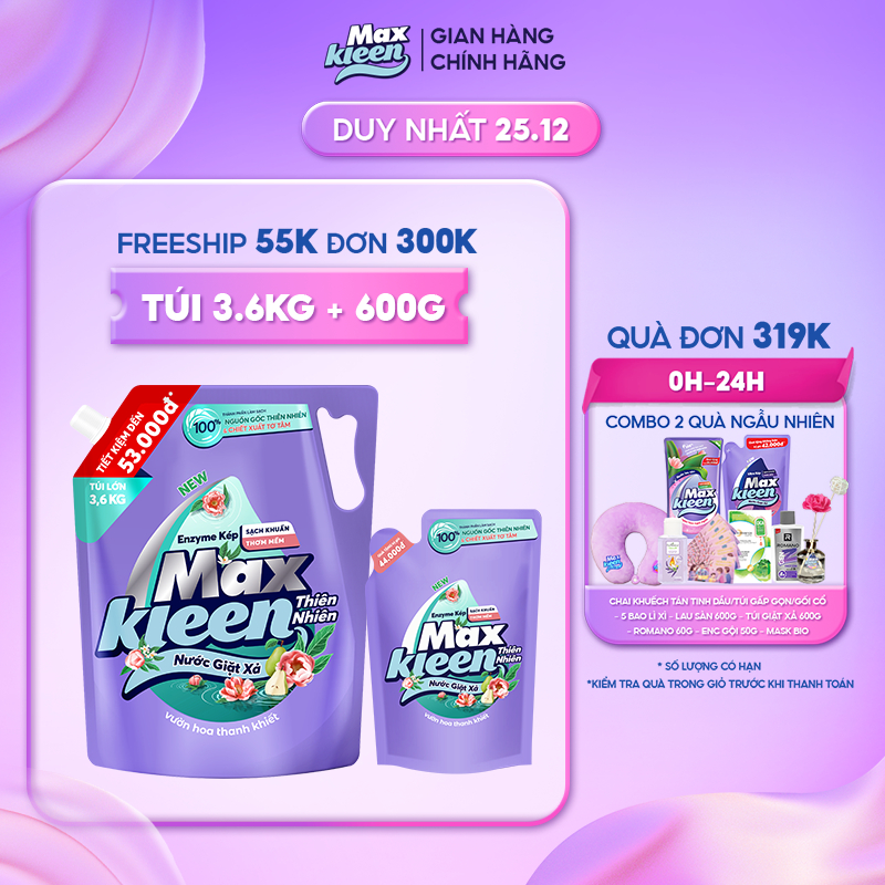 Combo Túi Nước Giặt Xả Thiên Nhiên 3.6kg + Túi Nước Giặt Xả 600g MaxKleen (ngẫu nhiên)