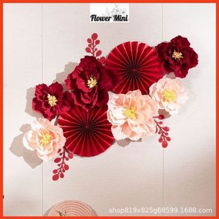 Set hoa giấy crepe và quạt giấy đỏ trang trí đám cưới hỏi, sự kiện lễ hội