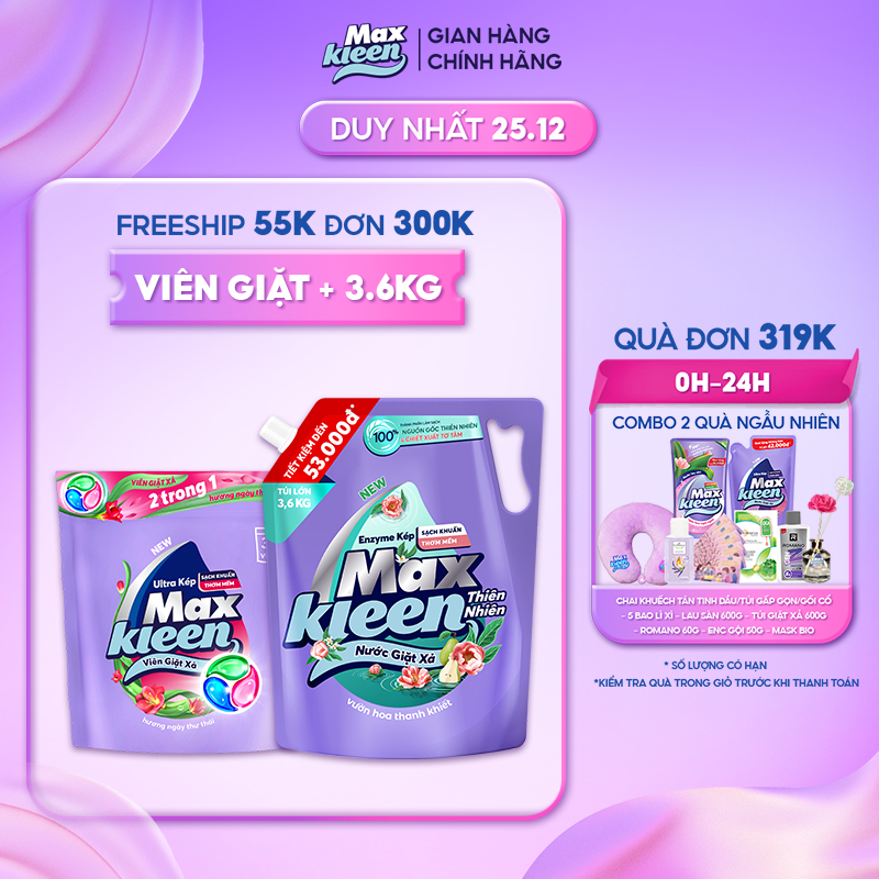 Combo Túi Nước Giặt Xả Thiên Nhiên 3.6kg + Túi Viên Giặt Xả MaxKleen hương ngày thư thái (34 viên/túi)