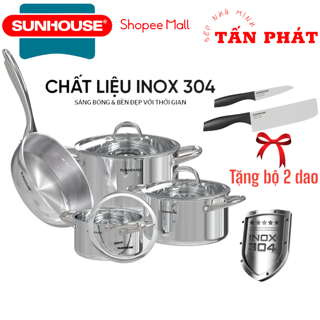 Bộ nồi chảo inox 304 đáy liền Sunhouse SHG808 hàng chính hãng - dùng trên mọi loại bếp