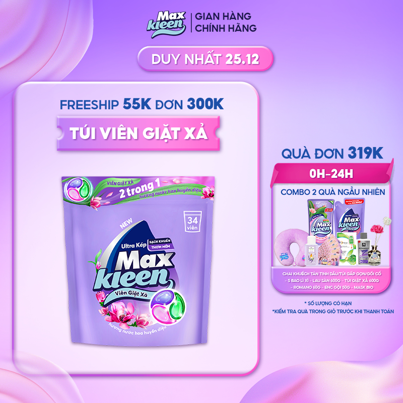 Viên Giặt Xả MaxKleen 2 Trong 1 Hương Nước Hoa Huyền Diệu (34 viên/túi)