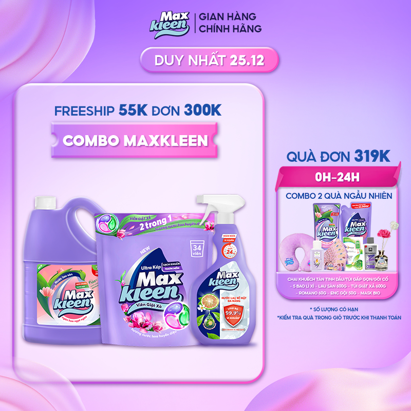 Combo MaxKleen: Túi Lau Sàn 3.6kg Ngàn Hoa Ngọt Ngào + Túi Viên Giặt Xả Mới + Khăn Ướt Lau Bề Mặt Đa Năng