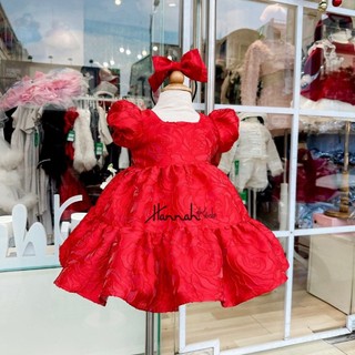 Váy gấm đỏ kèm cài sang chảnh cho bé 8-35kg, váy gấm hoa hồng đỏ công chúa cho bé hannah kids