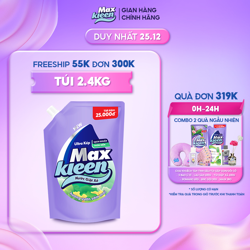 Túi Nước Giặt Xả MaxKleen Hương Vườn Sớm Mai 2,4kg