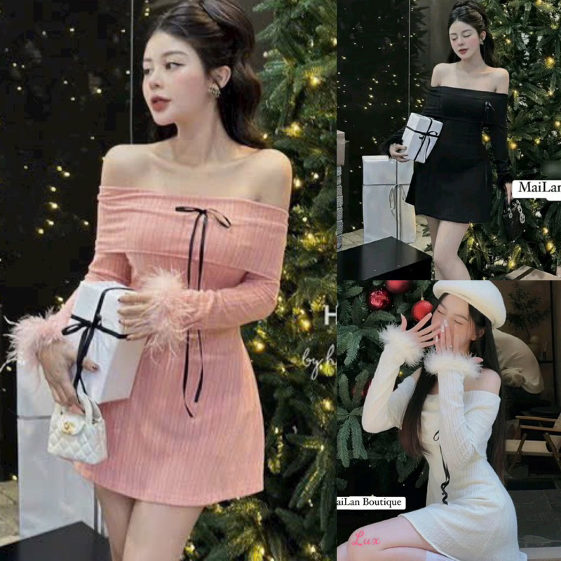 Đầm Body LEN ĐŨA Trễ Vai Tay Dài Lông Dáng Ngắn Xoè Kèm Dây Vai Phụ