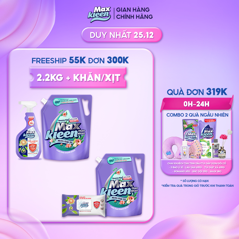 Combo Túi Nước Giặt Xả Maxkleen Thiên Nhiên 2.2kg + Combo Lau Đa Năng