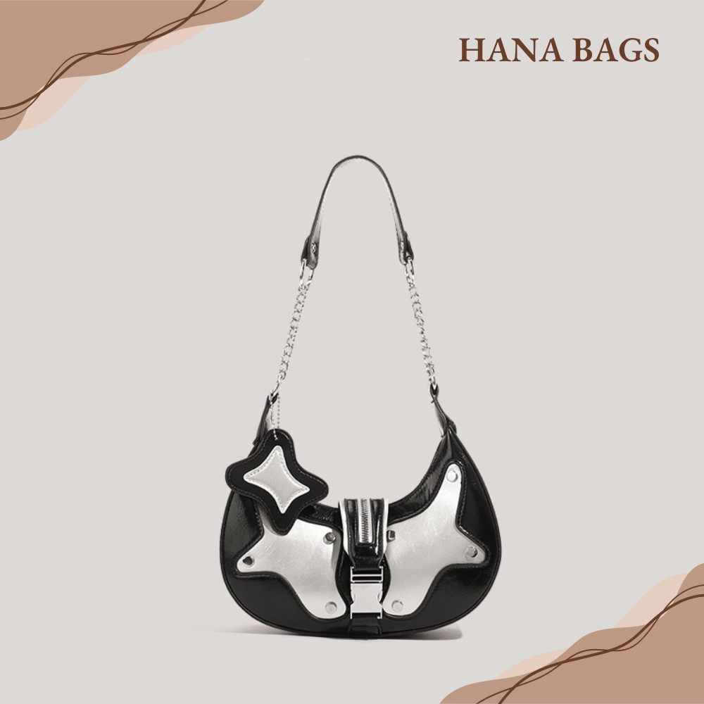 Túi xách nữ đẹp kẹp nách hottrend phong cách y2k màu đen bạc hình trăng lưỡi liềm TX0131 Hana Bags
