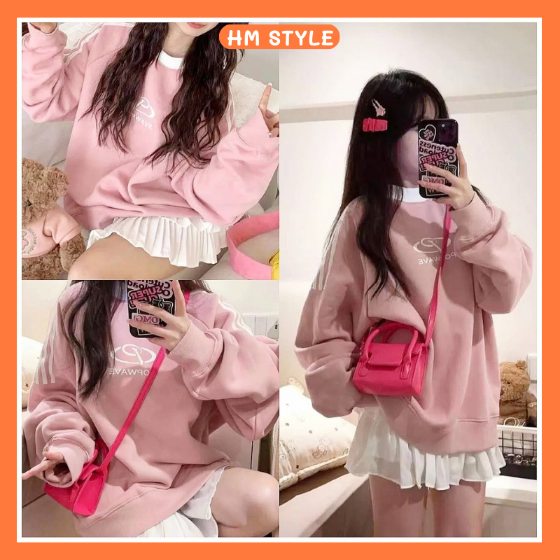 Áo nỉ sweater nữ form rộng thêu chữ POPWAVE , áo nỉ bông màu hồng viền trắng phong cách Hàn Quốc HA760