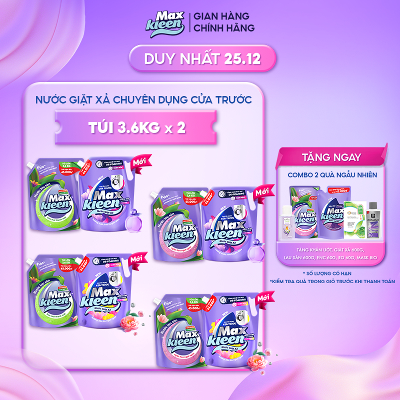 Combo Túi Nước Giặt Xả MaxKleen chuyên dụng Cửa trước 3.6kg + Túi Nước Lau sàn 3.6kg