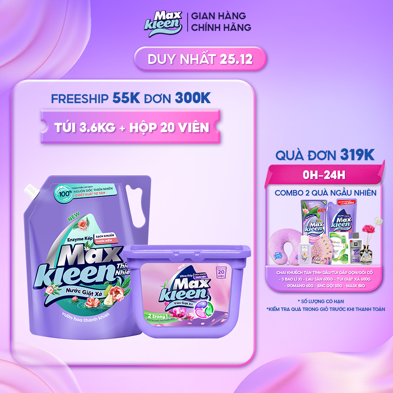 Combo Túi Nước Giặt Xả MaxKleen Thiên Nhiên 3.6kg + Hộp Viên Giặt Xả Huyền Diệu (20 viên/hộp)