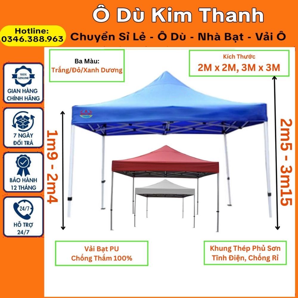 Nhà Bạt Di Động Đa Năng 3M x 3M, 2M x 2M, 2,5M x 2,5M Khung Thép Hộp Vuông 4cm Sơn Tĩnh Điện Chống Han Rỉ