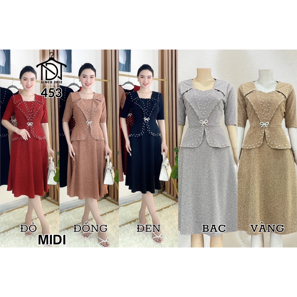 Đầm Kim Tuyến đính hạt châu trung niên cho mẹ dự tiệc size 50-65kg