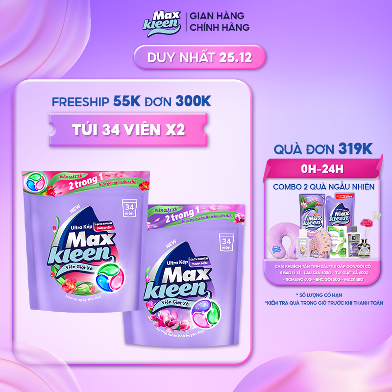 Combo 2 Túi Viên Giặt Xả MaxKleen Hương Ngày Thư Thái + Nước Hoa Huyền Diệu (34 viên/túi)