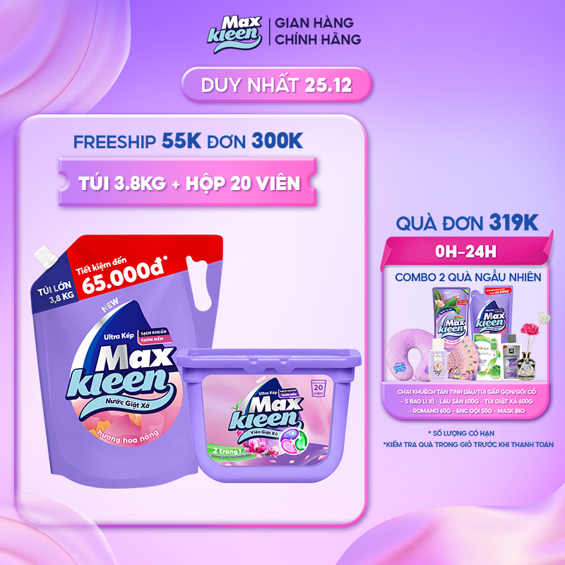 Combo Túi Nước Giặt Xả MaxKleen Hoa Nắng 3.8kg + Hộp Viên Giặt Xả Huyền Diệu (20 viên/hộp)