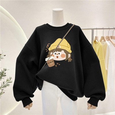 Áo nỉ sweater nữ NA27 màu đen in hình chất nỉ Loza G0115