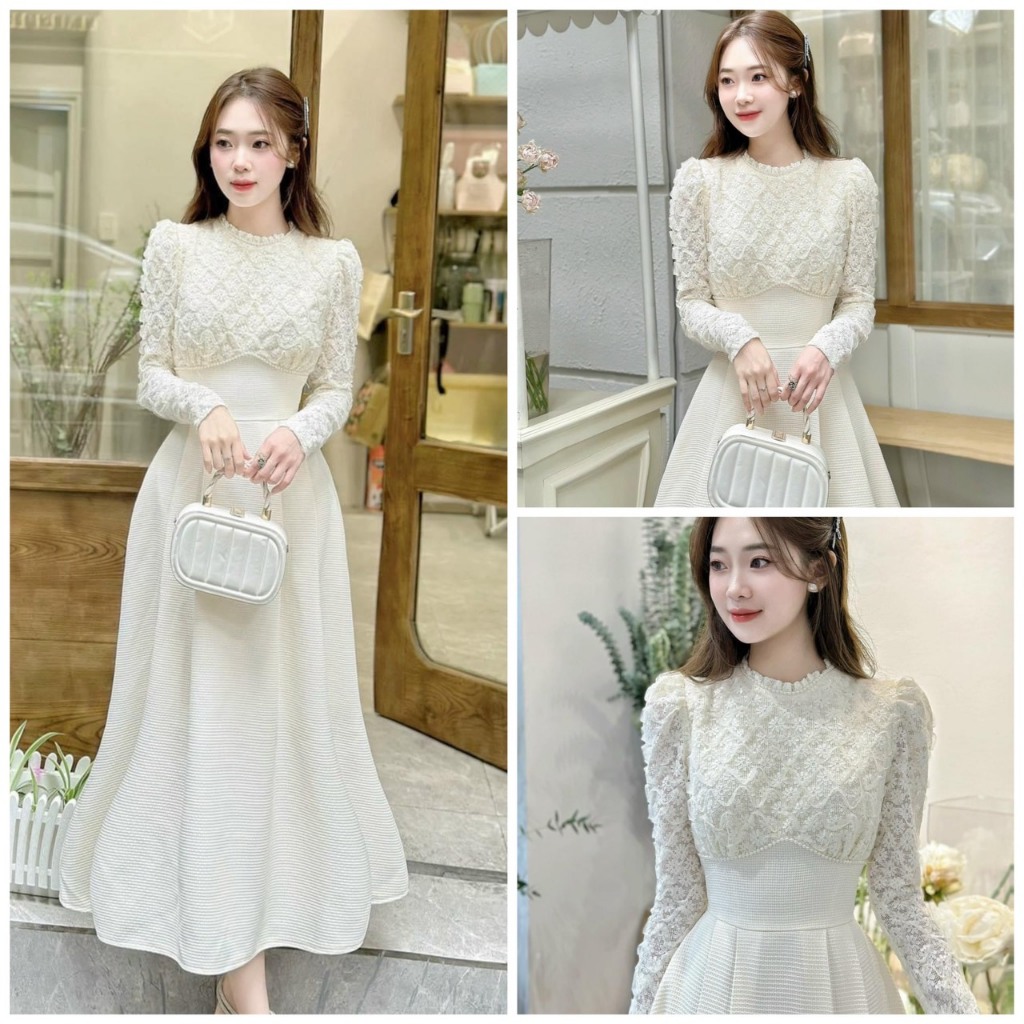 LYNA - Váy Trắng Nữ Dự Tiệc, Váy Tiệc Cưới , Váy Thiết Kế Ren Phối Tay Dài - A101