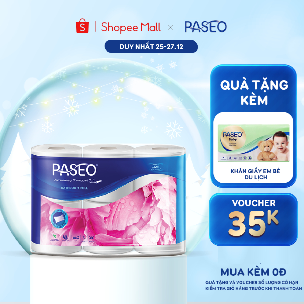 Giấy vệ sinh PASEO 280 tờ 3 lớp 15 gsm 6 cuộn (có tem tiếng việt)