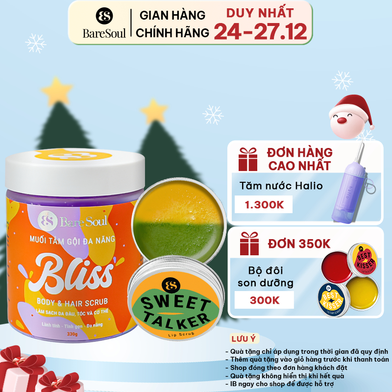 Combo sạch sâu, sáng mịn, dưỡng ẩm cho da và môi BareSoul BLISS Body Hair Scrub 330g + Sweet Talker Lip Scrub 20g