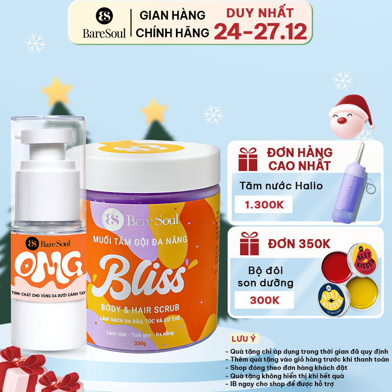 Combo dưỡng sáng chuyên sâu, nâng tông tức thì,làm sáng mịn, giảm thâm sần, khử mùi BareSoul OMG 20g + BLISS 250g