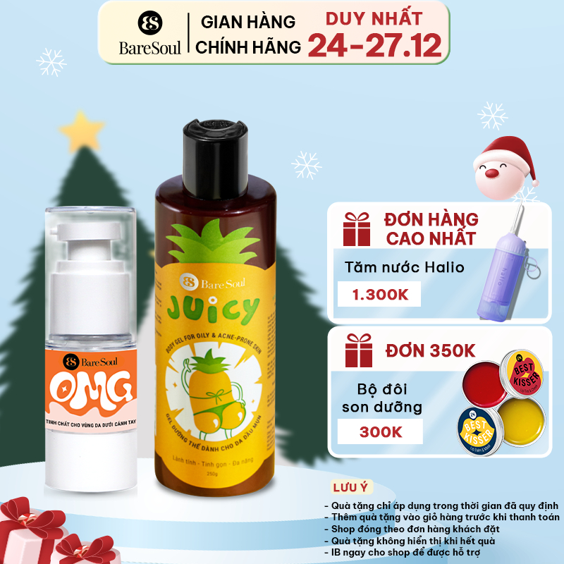 Combo dưỡng sáng chuyên sâu, nâng tông tức thì, dưỡng sáng mịn, giảm thâm, khử mùi BareSoul OMG 20g + Juicy 250ml