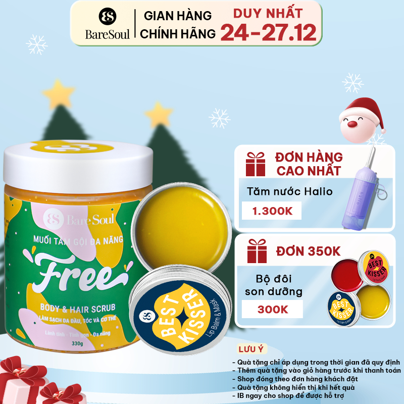 Combo Muối tắm BareSoul Free & Body Hair Scrub 330g + Mặt nạ ngủ cho môi kiêm son dưỡng Baresoul Lip Balm 10g