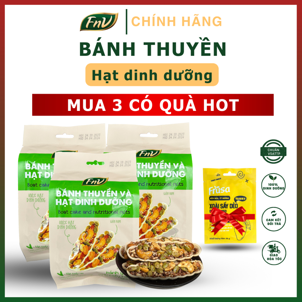 Bánh thuyền và hạt dinh dưỡng FnV bịch 60g, mua 3 bịch + Tặng 1 bịch xoài sấy dẻo Frusa 35g