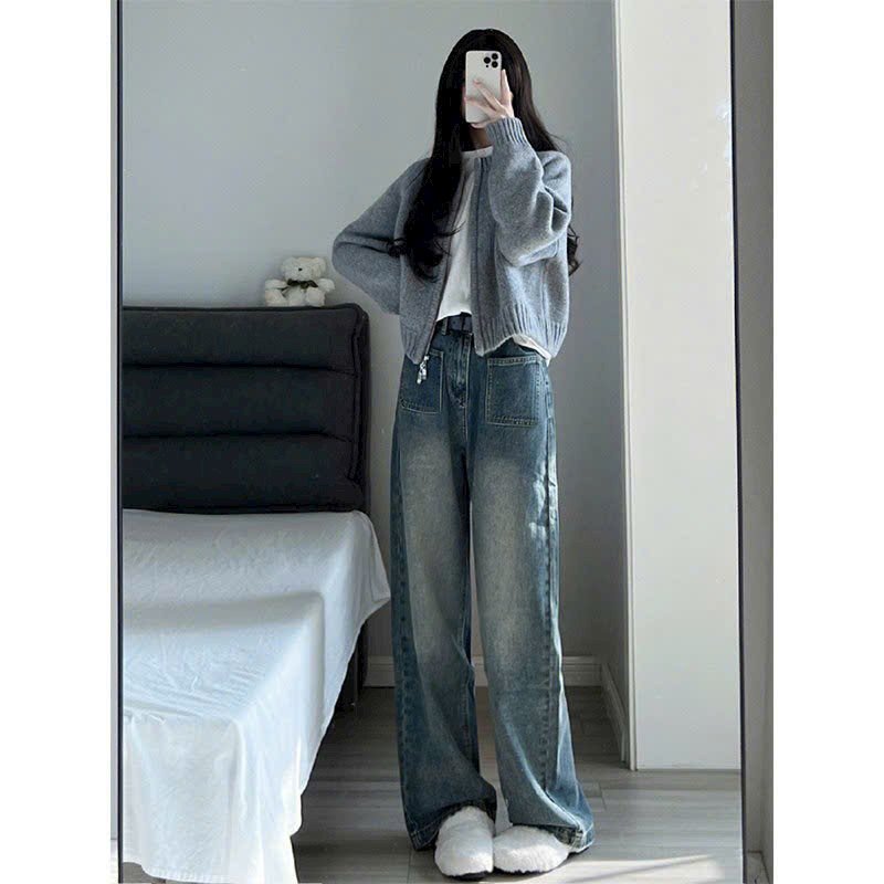 Quần Jean Ống Rộng Túi Vuông Cạp Cao Dáng Suông Trơn Có Wash Màu Cá Tính , Quần Jean có 2 Màu Xanh Và Xám - 460