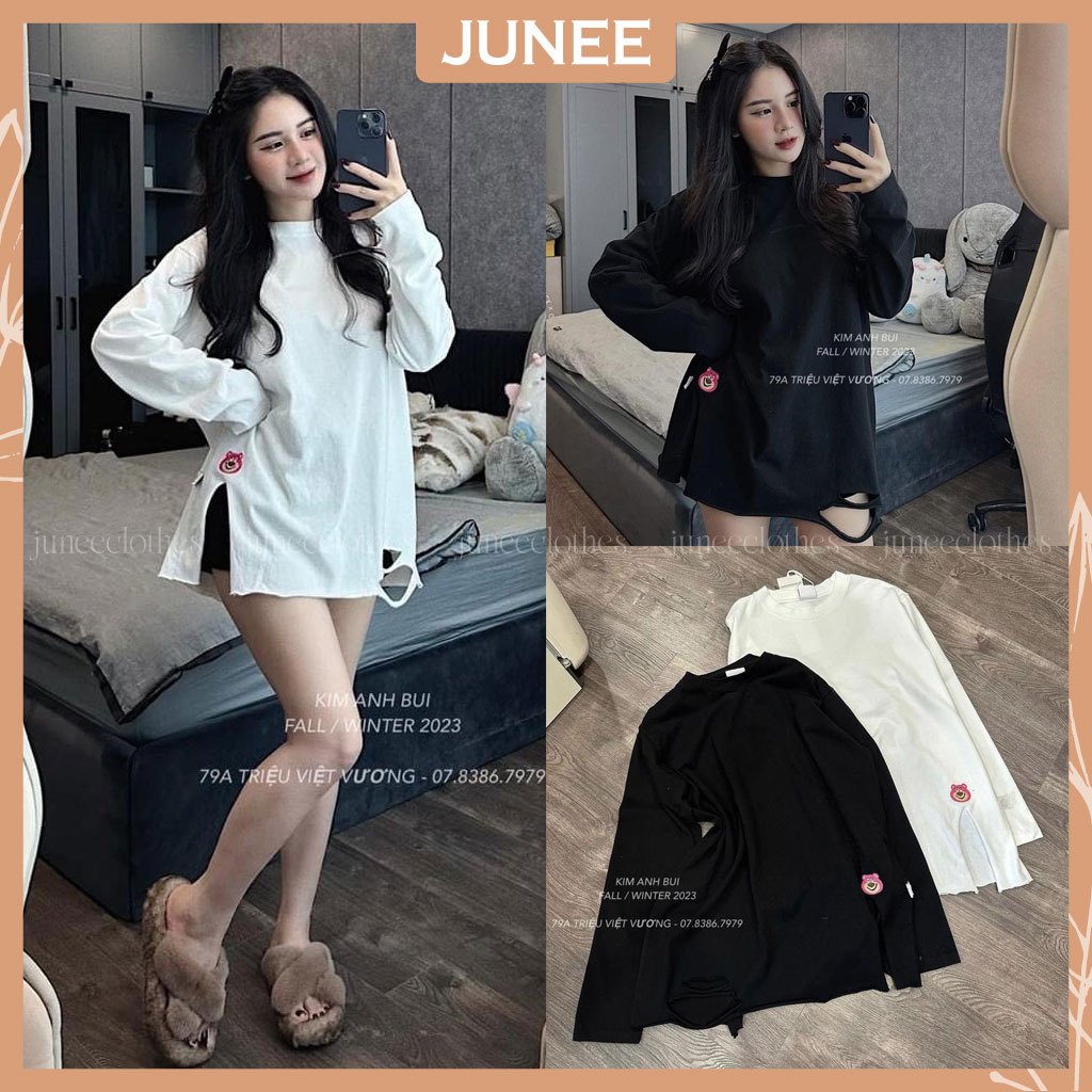 Áo Thun Nữ Dài Tay Hình Gấu Nhỏ Thêu Eo Vạt Xẻ Rách Gấu Chất Cotton L1 Áo Phông Dài Tay Dáng Rộng Freesize B312183