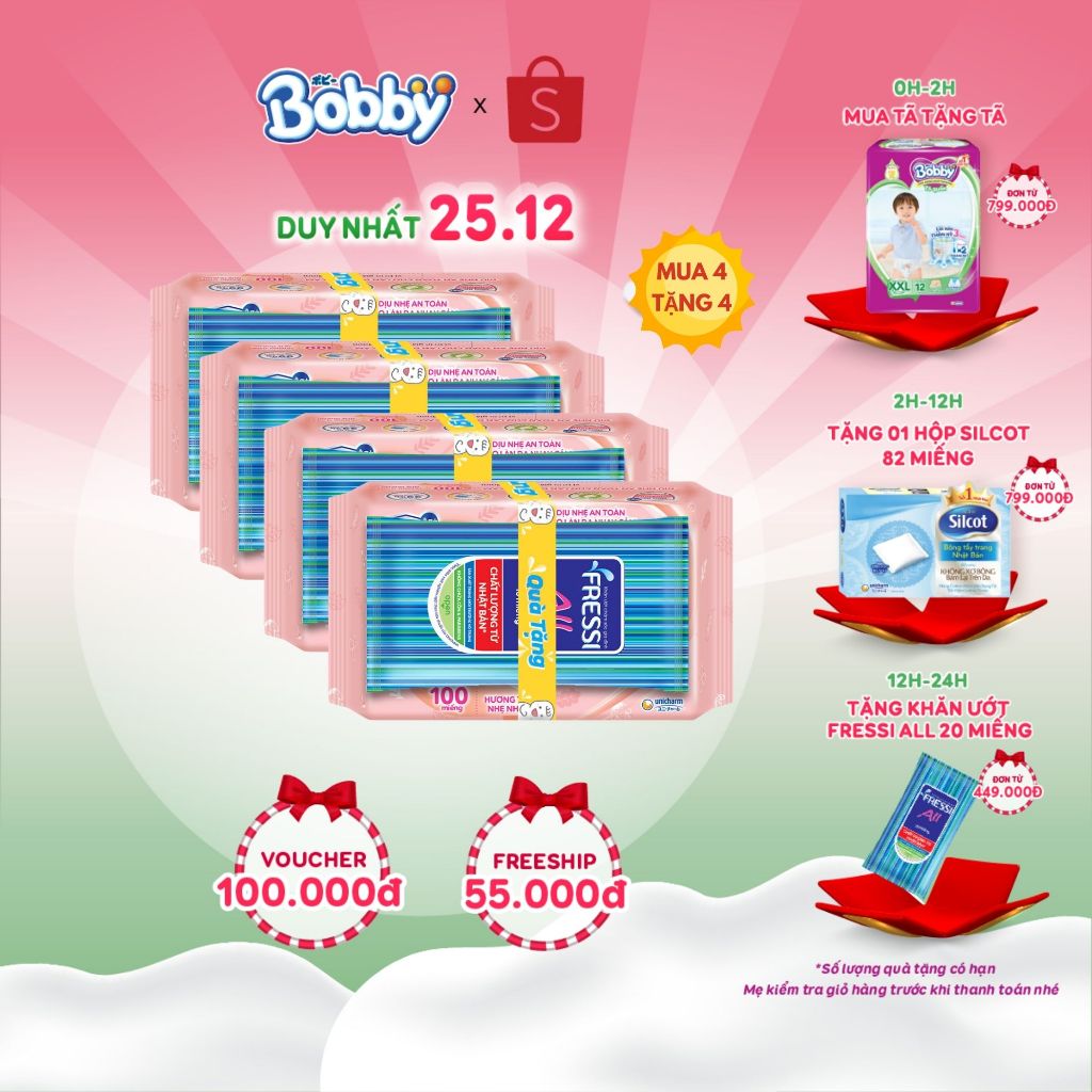 Bộ 4 gói Khăn ướt Bobby Care hương thơm nhẹ nhàng 100 tờ/gói (Hồng)