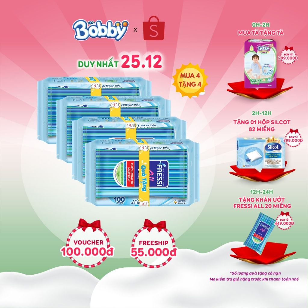 Bộ 4 gói Khăn ướt Bobby không mùi 100 tờ/gói (Xanh)
