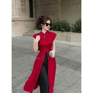 Áo dài đỏ nữ cách tân xẻ tà kèm quần ống suông đen lưng thun eo tôn dáng siêu xinh