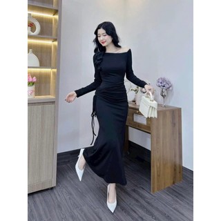 Đầm váy nữ ôm body tôn dáng lệch vai dáng dài chất thun gân có dây rút eo siêu xinh