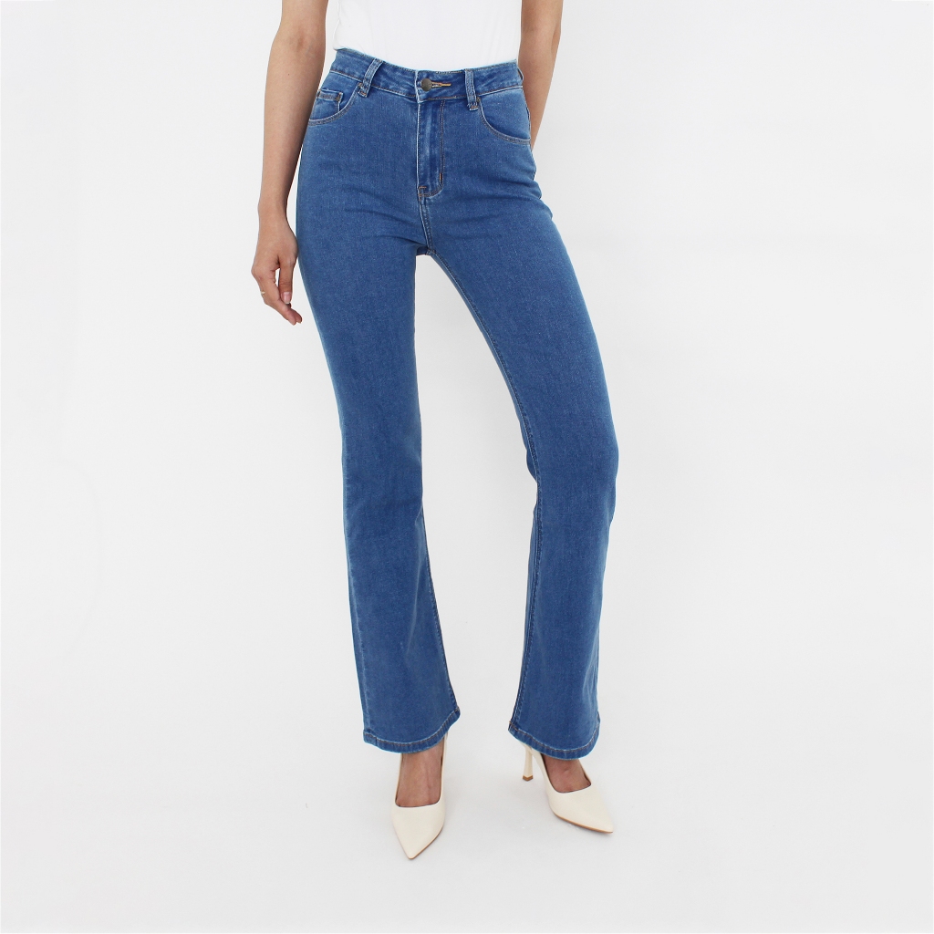 Quần Jean Nữ Ống Loe Lưng Cao Màu Medium Blue  Aaa Jeans