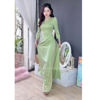 Áo Dài Cách Tân AZALY Lụa Tây Thi Tay Phồng Cổ Tròn Đính Hạt Chuẩn Form Trắng Xanh