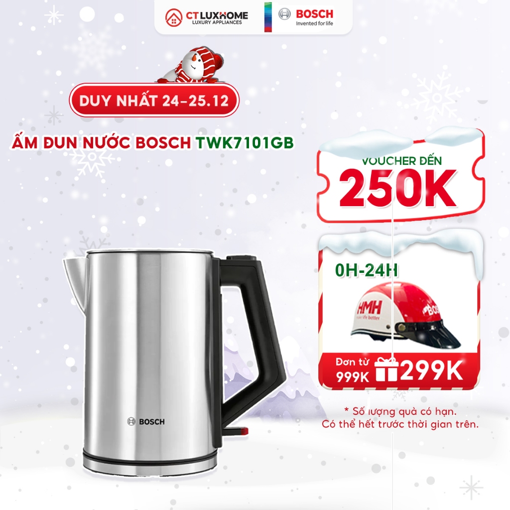 Ấm đun nước siêu tốc Bosch TWK7101GB dung tích 1.7L - 3000W - Thép không gỉ - Tấm lọc cặn vôi Limescale