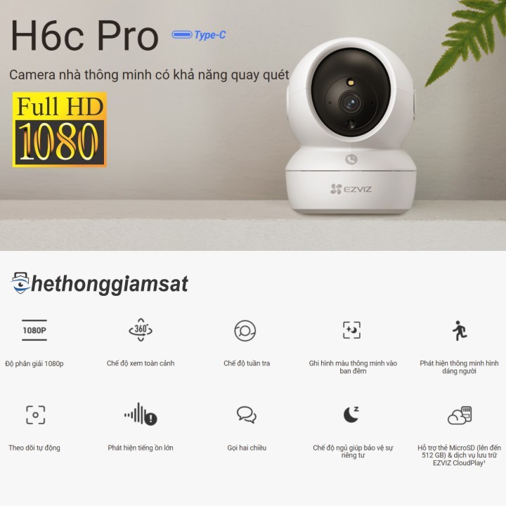 [Giá Sốc] Camera WIFI EZVIZ H6C PRO (Thay Thế C6N) 2MP FullHD, Xoay 360, Đàm Thoại, Bảo Hành 24Th